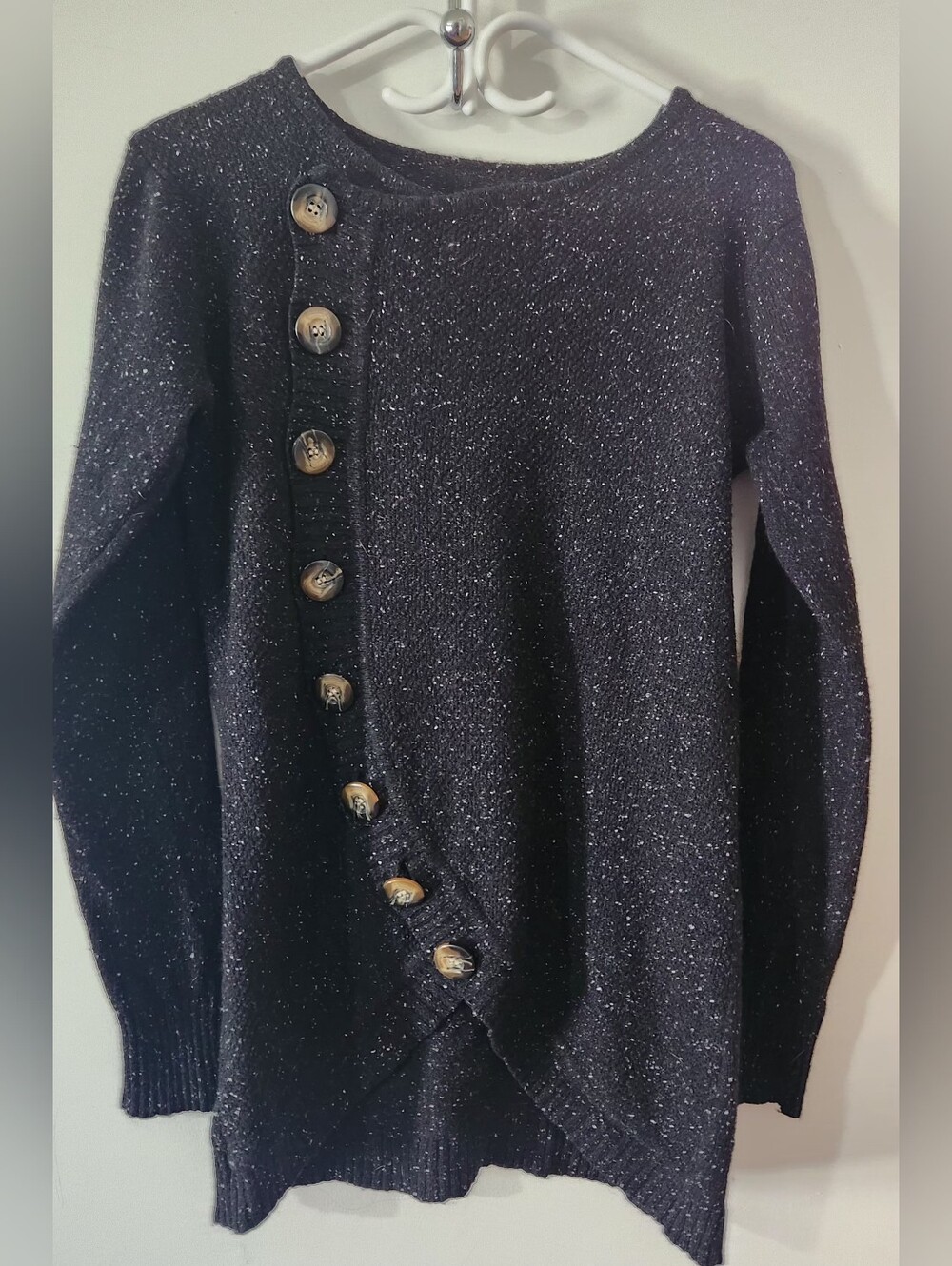 Sparkle Black Asymmetric Button-Front Women's Sweater